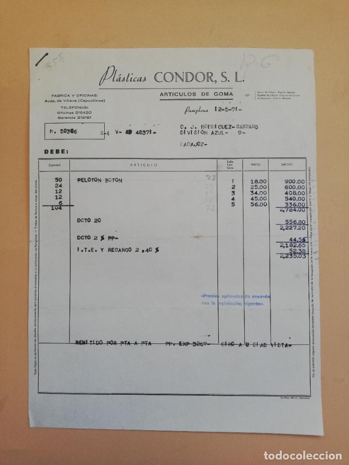Factures anciennes: FACTURA. PLASTICAS CONDOR, S. L. ARTICULOS DE GOMA. PAMPLONA. 1971.