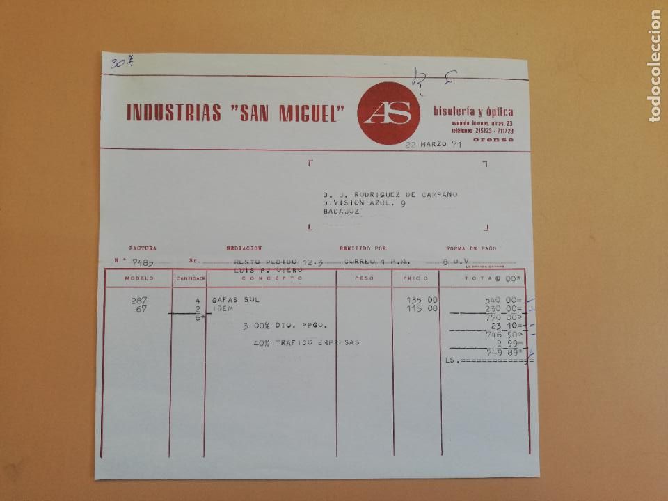 Facturas antiguas: FACTURA. INDUSTRIAS SAN MIGUEL. BISUTERIA Y OPTICA. ORENSE, 1971.