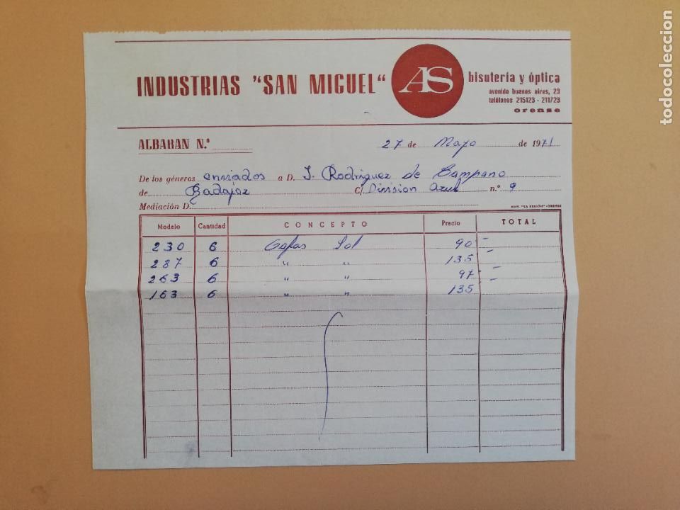 Facturas antiguas: FACTURA. INDUSTRIAS SAN MIGUEL. BISUTERIA Y OPTICA. ORENSE, 1971.