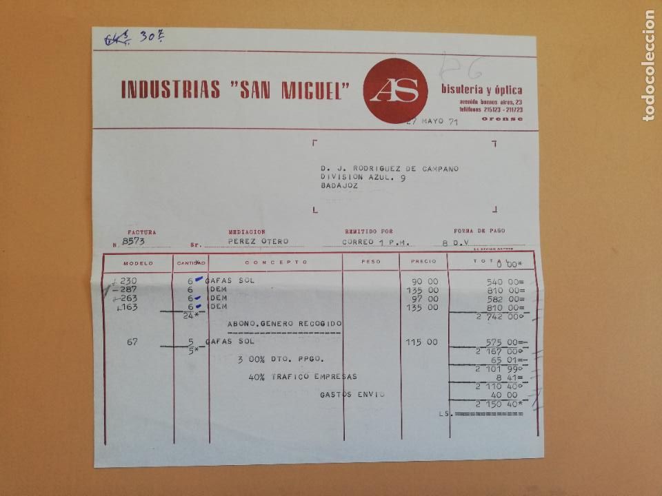 Facturas antiguas: FACTURA. INDUSTRIAS SAN MIGUEL. BISUTERIA Y OPTICA. ORENSE, 1971.