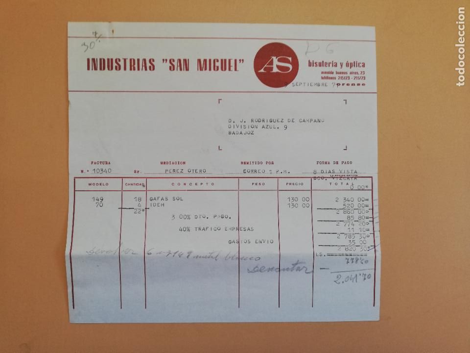 Facturas antiguas: FACTURA. INDUSTRIAS SAN MIGUEL. BISUTERIA Y OPTICA. ORENSE, 1971.