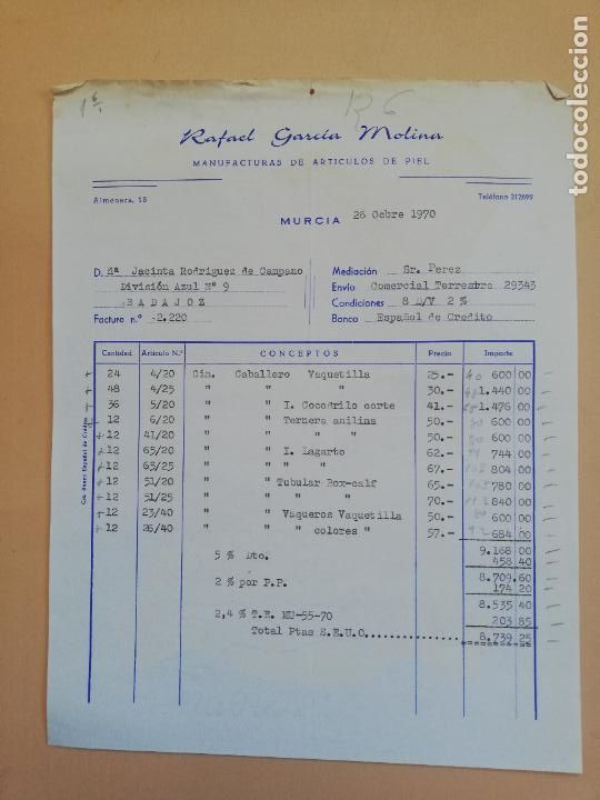 Factures anciennes: FACTURA. MANUFACTURAS DE ARTICULOS DE PIEL. RAFAEL GARCIA MOLINA. MURCIA, 1970.