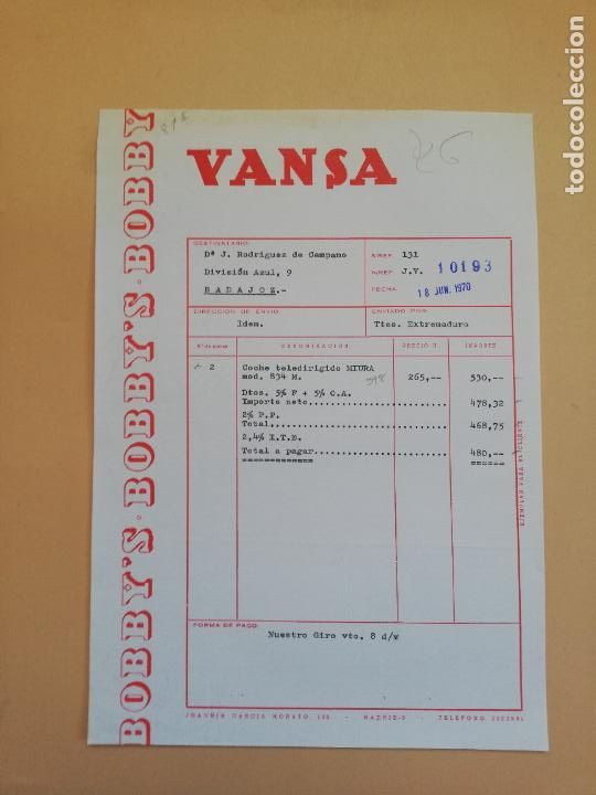 Factures anciennes: FACTURA. VANSA. BOBBY'S BOBBY'S BOBBY. BADAJOZ, 1970.