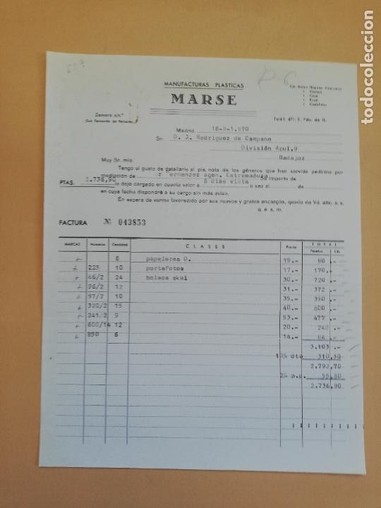 Factures anciennes: FACTURA. MANUFACTURAS PLASTICAS. MARSE. MADRID. 1970.
