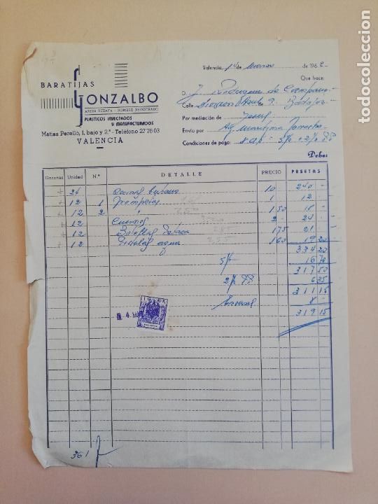 Factures anciennes: FACTURA. BARATIJAS GONZALBO. PLASTICOS INYECTADOS Y MANUFACTURADOS. VALENCIA, 1962.