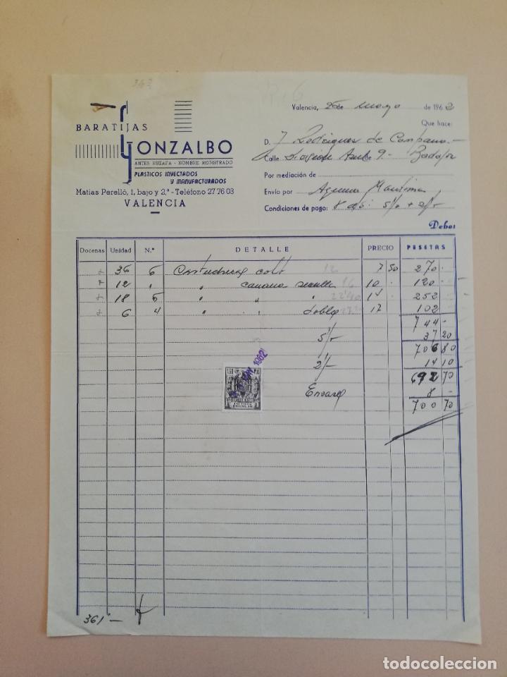 Factures anciennes: FACTURA. BARATIJAS GONZALBO. PLASTICOS INYECTADOS Y MANUFACTURADOS. VALENCIA, 1962.