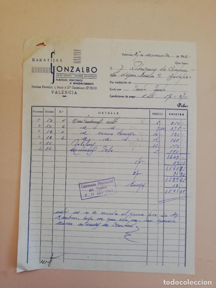 Factures anciennes: FACTURA. BARATIJAS GONZALBO. PLASTICOS INYECTADOS Y MANUFACTURADOS. VALENCIA, 1962.