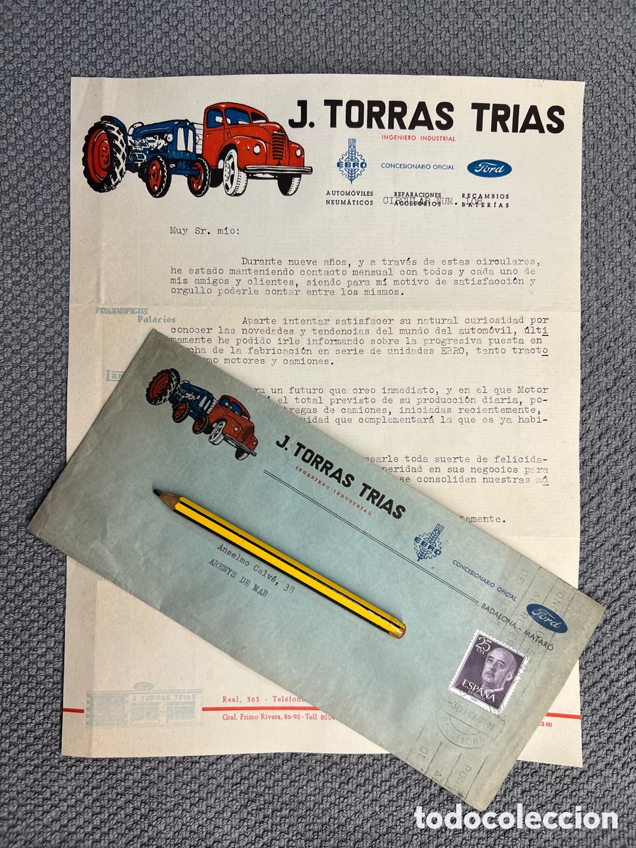 Factures anciennes: FACTURA y sobre. Concesionario Oficial FORD Y EBRO.. J. Torras Tr&iacute;as.. Barcelona (h.1960?)