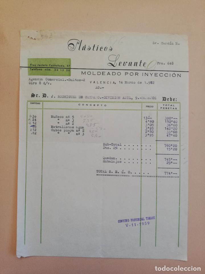 Factures anciennes: FACTURA. PLASTICOS LEVANTE. MOLDEADO POR INYECCION. VALENCIA, 1962.