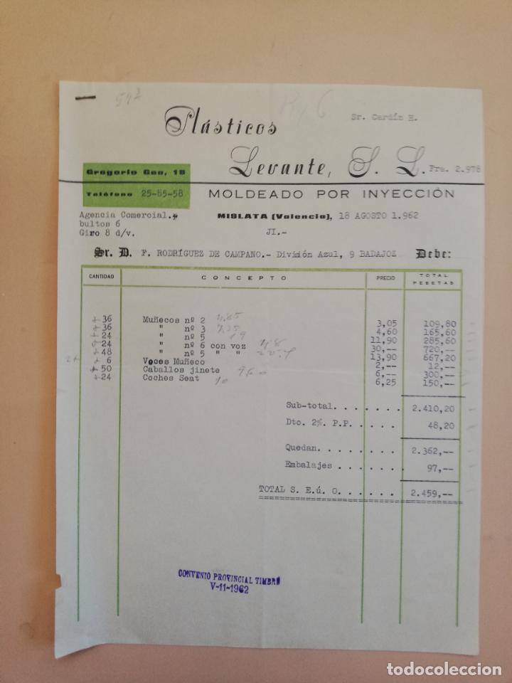 Factures anciennes: FACTURA. PLASTICOS LEVANTE. MOLDEADO POR INYECCION. VALENCIA, 1962.