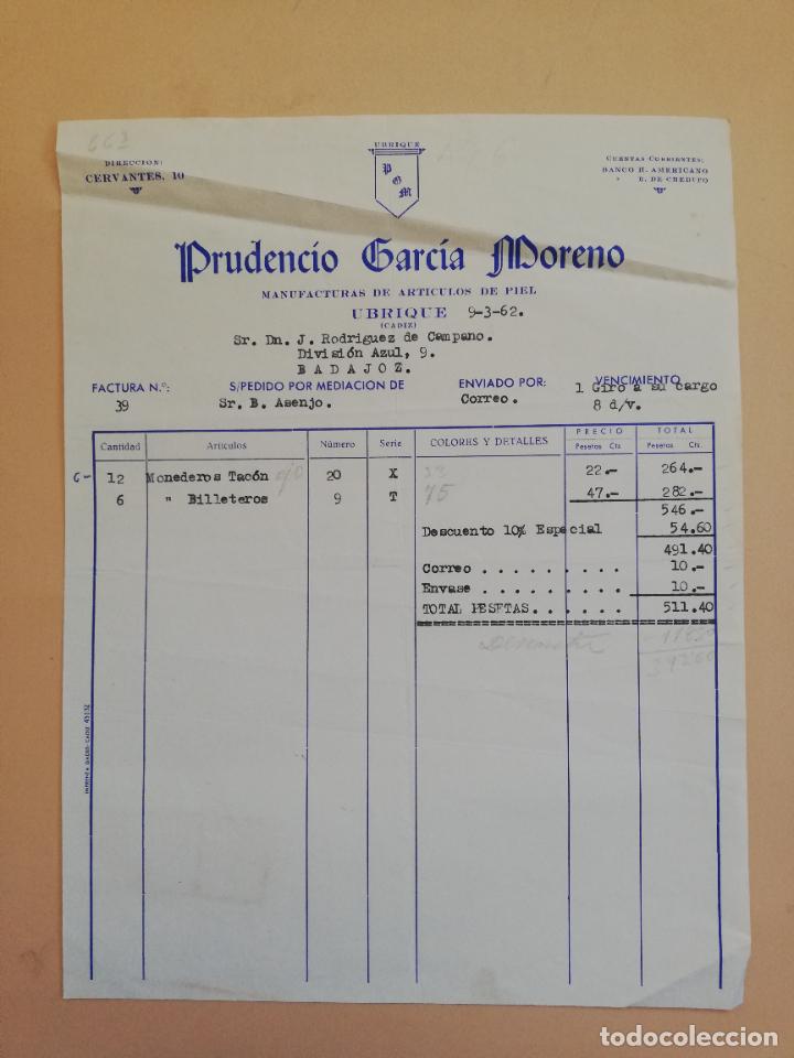 Factures anciennes: FACTURA. MANUFACTURAS DE ARTICULOS DE PIEL. PRUDENCIO GARCIA MORENO. UBRIQUE, CADIZ. 1962.