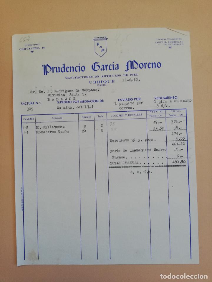 Factures anciennes: FACTURA. MANUFACTURAS DE ARTICULOS DE PIEL. PRUDENCIO GARCIA MORENO. UBRIQUE, CADIZ. 1962.