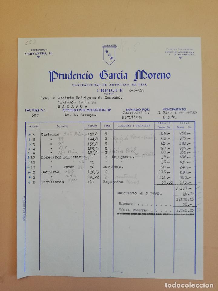 Factures anciennes: FACTURA. MANUFACTURAS DE ARTICULOS DE PIEL. PRUDENCIO GARCIA MORENO. UBRIQUE, CADIZ. 1962.