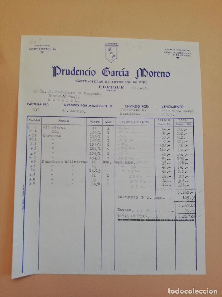 Factures anciennes: FACTURA. MANUFACTURAS DE ARTICULOS DE PIEL. PRUDENCIO GARCIA MORENO. UBRIQUE, CADIZ. 1962.