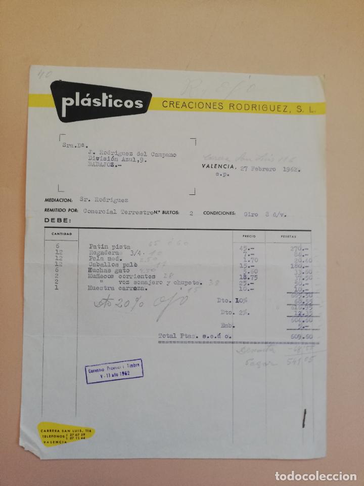 Factures anciennes: FACTURA. PLASTICOS. CREACIONES RODRIGUEZ, S. L. VALENCIA, 1962.