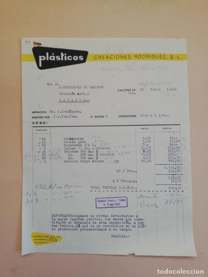 Factures anciennes: FACTURA. PLASTICOS. CREACIONES RODRIGUEZ, S. L. VALENCIA, 1962.