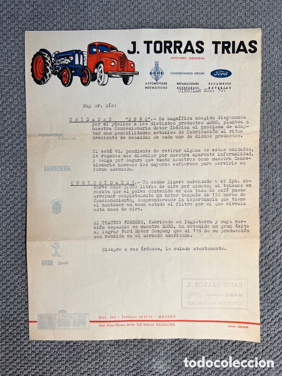 Factures anciennes: FACTURA Concesionario Oficial FORD Y EBRO.. J. Torras Tr&iacute;as.. Barcelona (h.1960?)