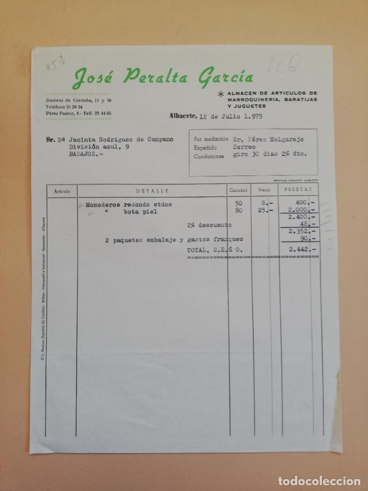 Factures anciennes: FACTURA. ALMACEN DE ARTICULOS DE MARROQUINERIA, BARATIJAS. JOSE PERALTA GARCIA. ALBACETE, 1975.