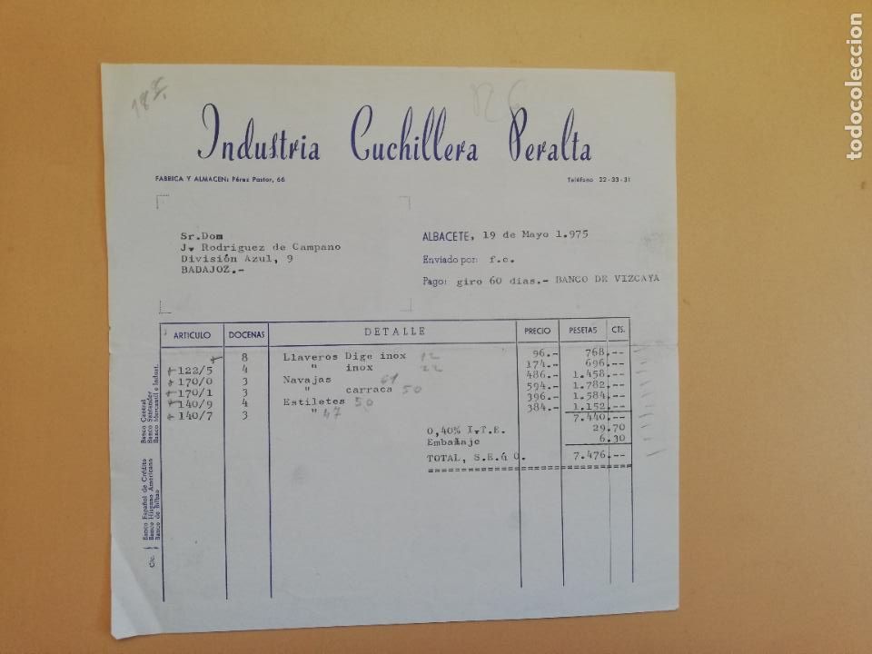 Factures anciennes: FACTURA. INDUSTRIA CUCHILLERIA PERALTA. FABRICA Y ALMACEN. ALBACETE, 197