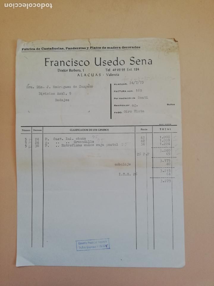 Factures anciennes: FACTURA. FABRICA DE CASTA&Ntilde;UELAS. PANDERETAS. PLATOS DE MADERA. FCO USEDO SENA. ALACUAS VALENCIA 1975