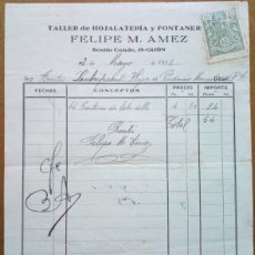 Facturas antiguas: FACTURA DE TALLER DE HOJALATERÍA Y FONTANERÍA FELIPE M. AMEZ. GIJÓN-ASTURIAS. 1936. Lote 401136579