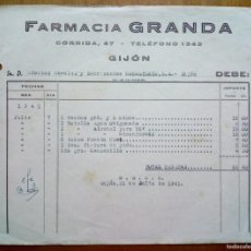 Facturas antiguas: FACTURA DE FARMACIA GRANDA. CALLE CORRIDA, 47. GIJÓN-ASTURIAS. 1941. Lote 401137294