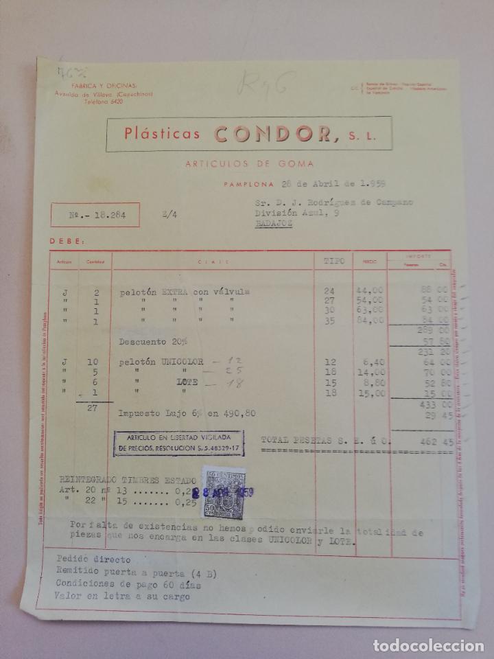 Alte Rechnungen: FACTURA. PLASTICAS CONDOR, S. L. ARTICULOS DE GOMA. PAMPLONA. 1959.