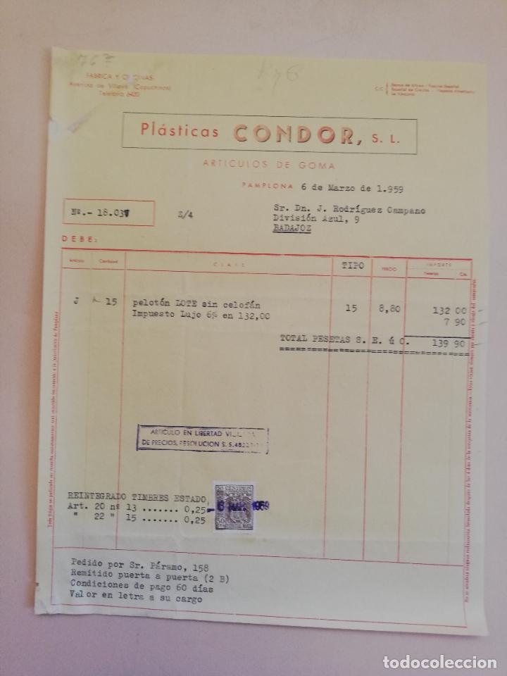 Alte Rechnungen: FACTURA. PLASTICAS CONDOR, S. L. ARTICULOS DE GOMA. PAMPLONA. 1959.