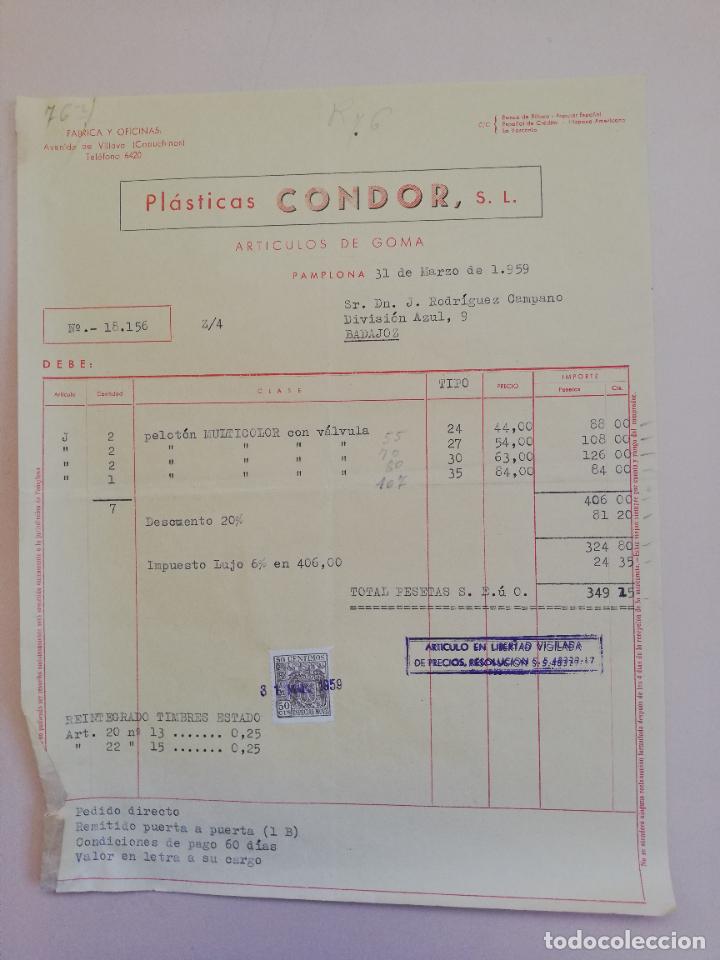 Alte Rechnungen: FACTURA. PLASTICAS CONDOR, S. L. ARTICULOS DE GOMA. PAMPLONA. 1959.