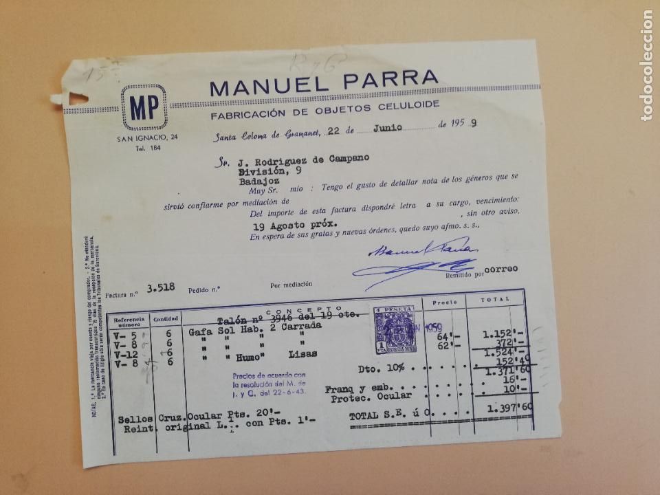 Alte Rechnungen: FACTURA. FABRICACION DE OBJETOS CELULOIDE. MANUEL PARRA. SANTA COLOMA DE GRAMANET, BARCELONA. 1959.