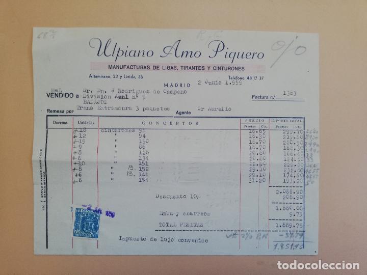 Alte Rechnungen: FACTURA. MANUFACTURAS DE LIGAS. TIRANTES. CINTURONES. ULPIANO AMO PIQUERO. MADRID. 1959.