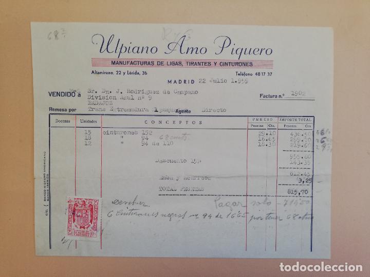 Alte Rechnungen: FACTURA. MANUFACTURAS DE LIGAS. TIRANTES. CINTURONES. ULPIANO AMO PIQUERO. MADRID. 1959.