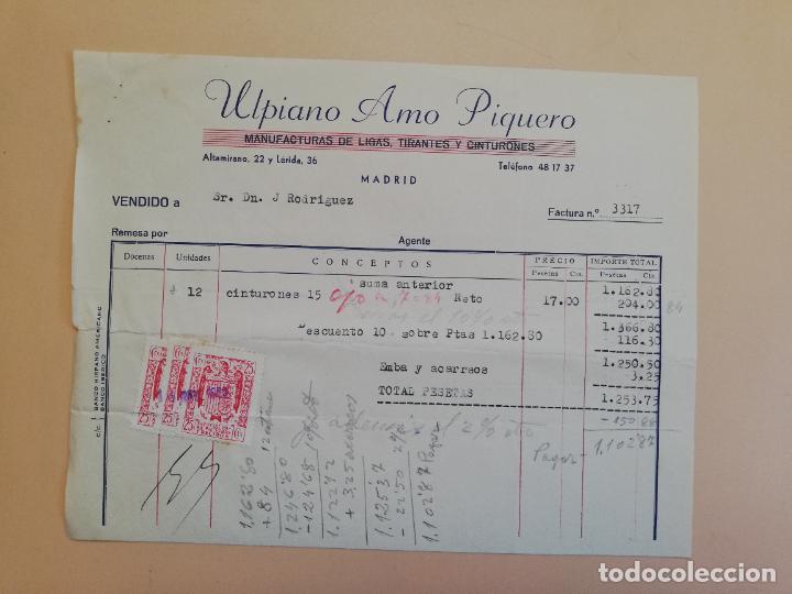 Alte Rechnungen: FACTURA. MANUFACTURAS DE LIGAS. TIRANTES. CINTURONES. ULPIANO AMO PIQUERO. MADRID. 1959.