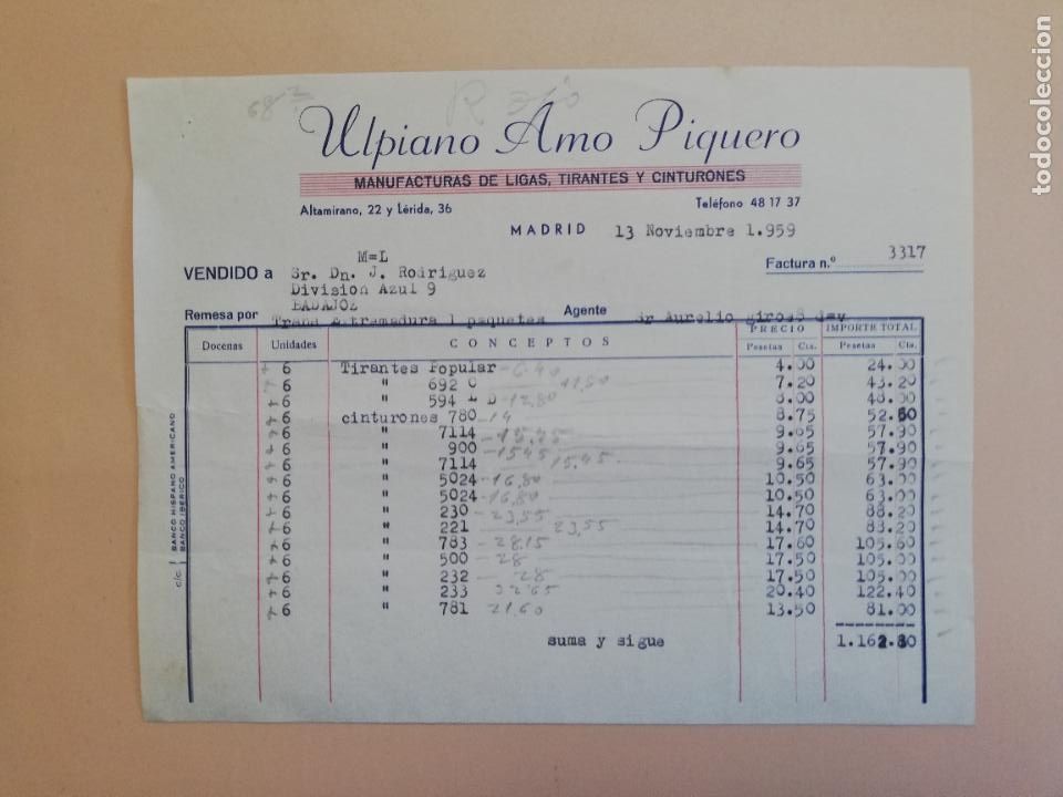 Alte Rechnungen: FACTURA. MANUFACTURAS DE LIGAS. TIRANTES. CINTURONES. ULPIANO AMO PIQUERO. MADRID. 1959.