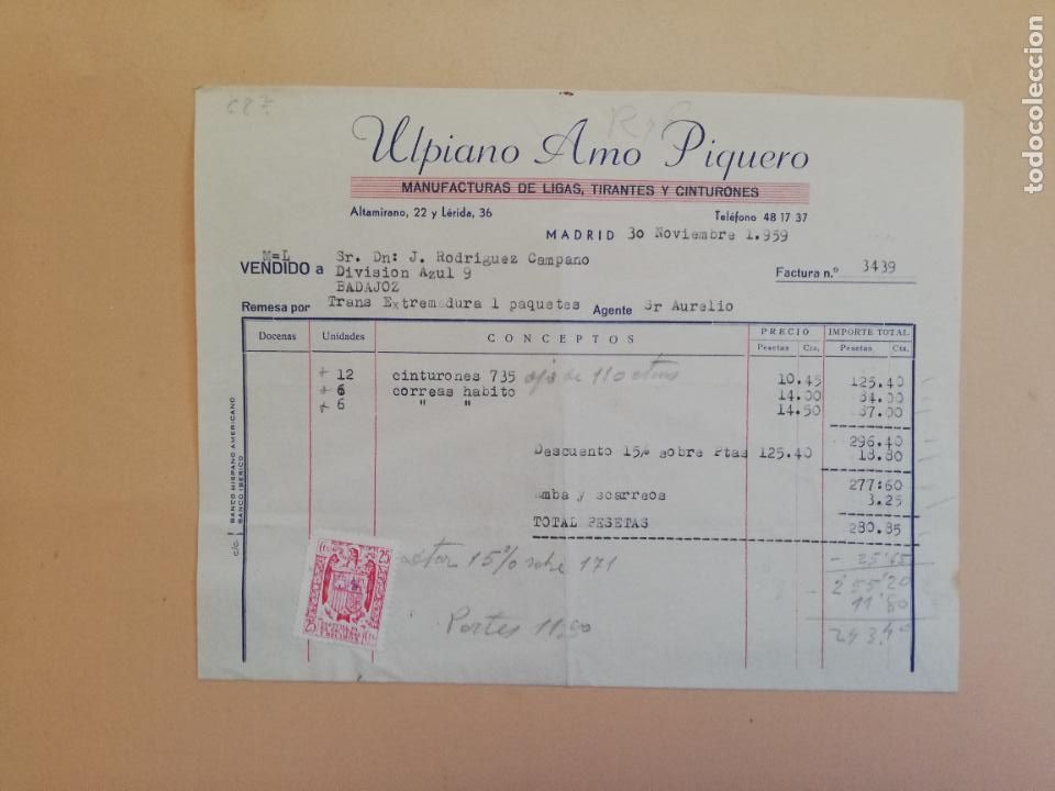Alte Rechnungen: FACTURA. MANUFACTURAS DE LIGAS. TIRANTES. CINTURONES. ULPIANO AMO PIQUERO. MADRID. 1959.