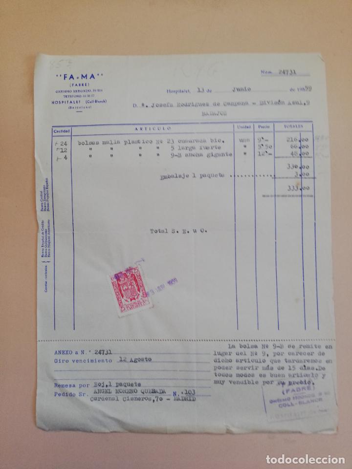 Alte Rechnungen: FACTURA. FA = MA. FABRE. HOSPITALET, BARCELONA. 1959.