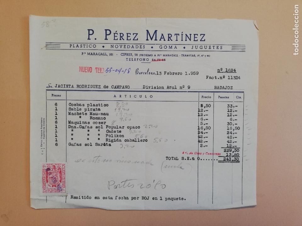 Alte Rechnungen: FACTURA. PLASTICO. NOVEDADES. GOMA. JUGUETES. P. PEREZ MARTINEZ. BARCELONA, 1959.