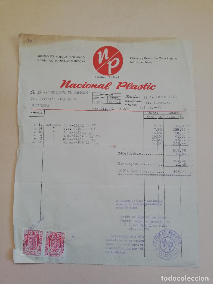 Alte Rechnungen: FACTURA. NACIONAL PLASTIC. MOLDEO POR INYECCION PRENSADO Y EMBURTIDO DE RESINAS. BARCELONA, 1959.