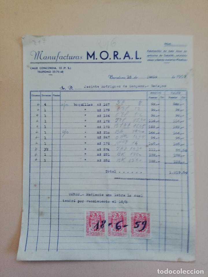 Alte Rechnungen: FACTURA. FABRICACION DE ARTICULOS DE GALALITH CELULOIDE NACAR. M.O.R.A.L. BARCELONA, 1959.