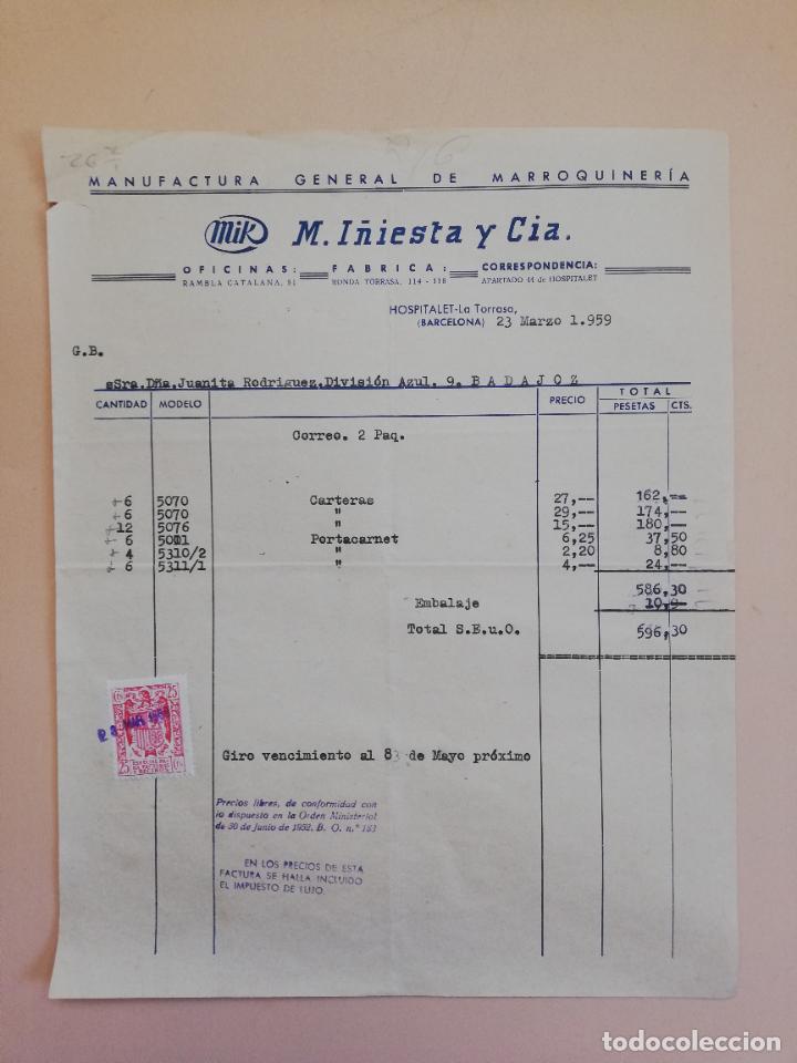 Alte Rechnungen: FACTURA. MANUFACTURA GENERAL DE MARROQUINERIA. MIK, M. I&Ntilde;IESTA Y CIA. HOSPITALET, BARCELONA, 1959.