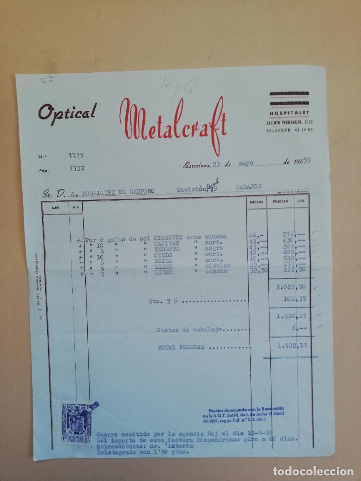 Alte Rechnungen: FACTURA. OPTICAL METALCRAFT. BARCELONA. 1959.