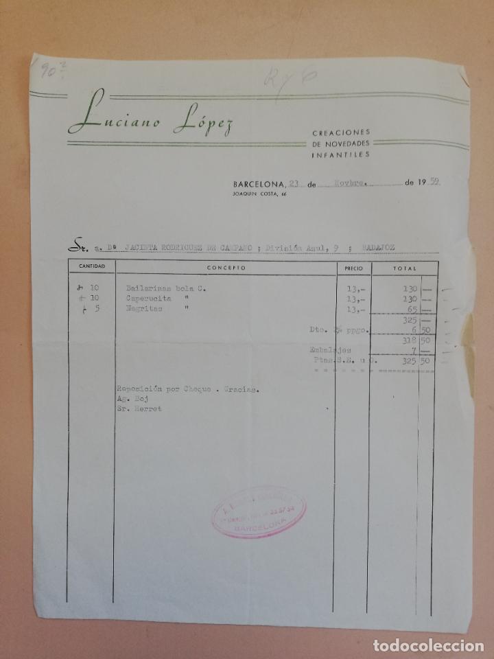 Alte Rechnungen: FACTURA. CREACIONES DE NOVEDADES INFANTILES. LUCIANO LOPEZ. BARCELONA. 1959.