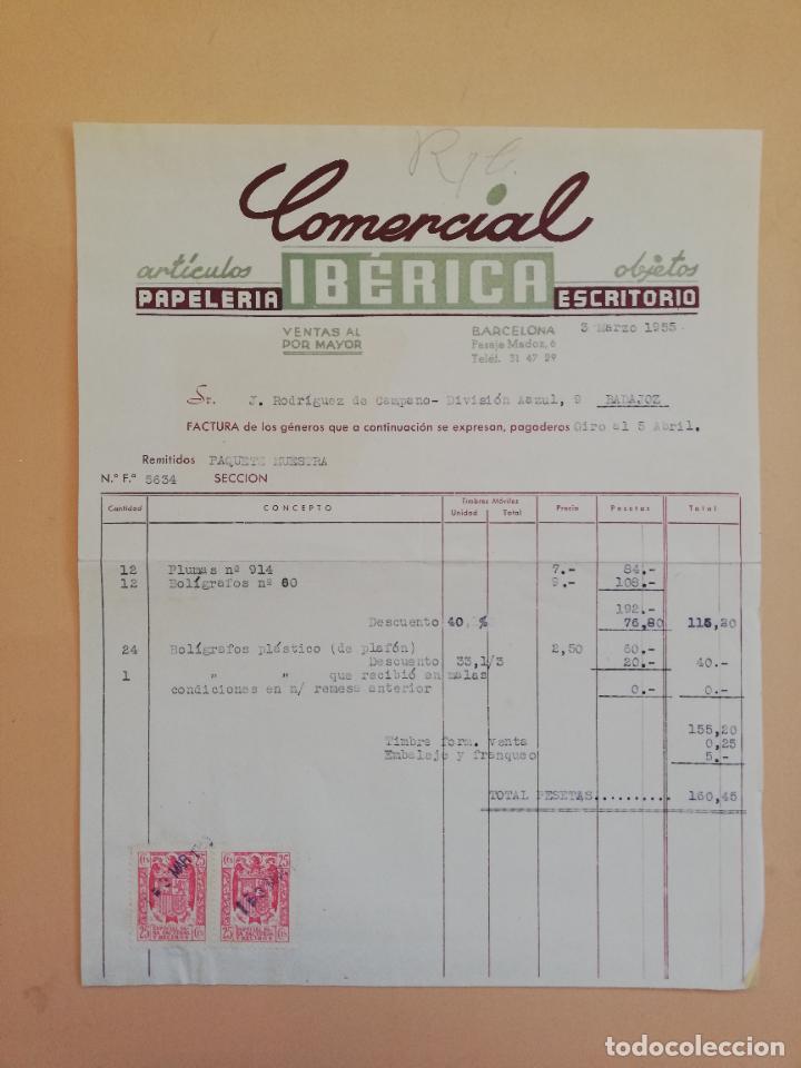 Alte Rechnungen: FACTURA. ARTICULOS PAPELERIA ESCRITORIO. COMERCIAL IBERICA. BARCELONA, 1955.