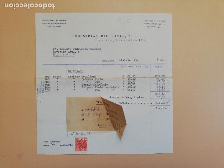 Alte Rechnungen: FACTURA. PAPELERIA. OBJETOS DE ESCRITORIO. INDUSTRIAS DEL PAPEL, S. L. MADRID, 1955.