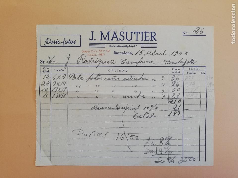 Alte Rechnungen: FACTURA. PORTA-FOTOS. J. MASUTIER. BARCELONA. 1955.