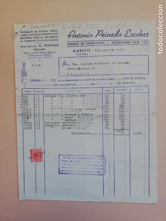 Alte Rechnungen: FACTURA. FABRICA DE CUCHILLERIA. ANTONIO PEINADO ESCOBAR. ALBACETE. 1957.