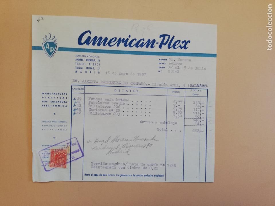 Alte Rechnungen: FACTURA. MANUFACTURAS PLASTICAS POR SOLDADURA ELECTRONICA. AMERICAN-PLEX. MADRID. 1957.
