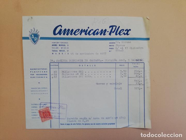 Alte Rechnungen: FACTURA. MANUFACTURAS PLASTICAS POR SOLDADURA ELECTRONICA. AMERICAN-PLEX. MADRID. 1957.
