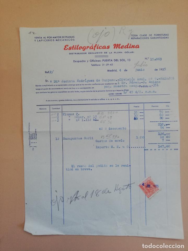 Alte Rechnungen: FACTURA. VENTA AL POR MAYOR DE PLUMAS Y LAPICEROS MECANICOS. ESTILOGRAFICAS MEDINA. MADRID, 1955.