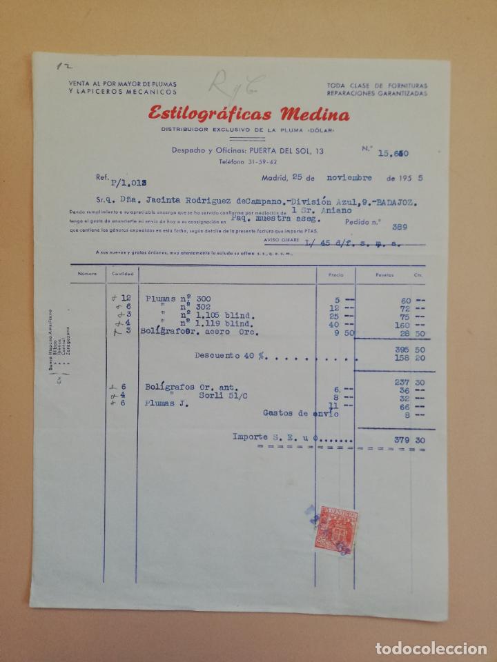 Alte Rechnungen: FACTURA. VENTA AL POR MAYOR DE PLUMAS Y LAPICEROS MECANICOS. ESTILOGRAFICAS MEDINA. MADRID, 1955.